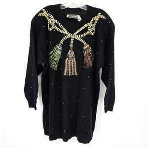 Vintage Marisa Christina II Sweater 2X Beaded Embellished Tassel 90s Holiday